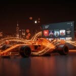 Acuerdo exclusivo de streaming deportivo entre Apple TV y Fórmula 1 en Estados Unidos representado con arte digital deportivo y tecnológico en paleta naranja y negro.