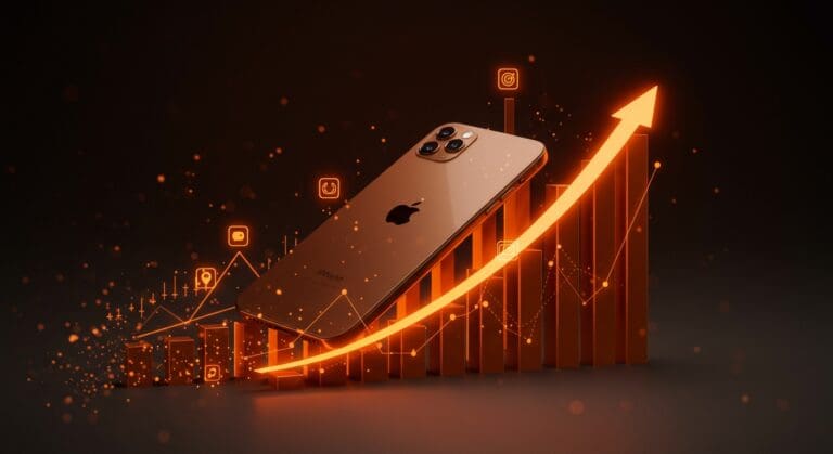 Imagen destacada de iPhone 17 y gráfico financiero ascendente que representa los ingresos récord de Apple en el mercado tecnológico del cuarto trimestre de 2025.