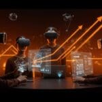 Equipo startup usando Apple Vision Pro en un entorno de computación espacial inmersiva, destacando innovación tecnológica y realidad mixta empresarial.