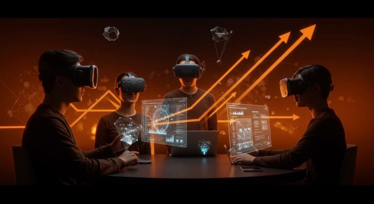 Equipo startup usando Apple Vision Pro en un entorno de computación espacial inmersiva, destacando innovación tecnológica y realidad mixta empresarial.