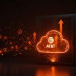 Inversión de AT&T en DriveNets destacando la innovación en infraestructura de telecomunicaciones cloud-native con energía y crecimiento visualizados en colores naranja y negro.