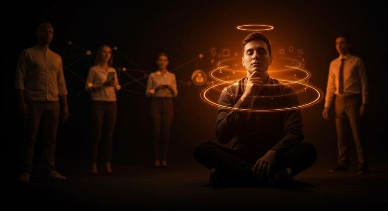 Emprendedor practicando autoamistad y autoconocimiento para un liderazgo auténtico y relaciones profesionales efectivas.