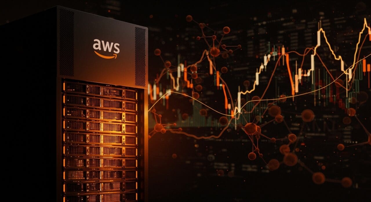 Visualización estilizada de infraestructura cloud de AWS con gráficos ascendentes destacando alta demanda y crecimiento en servicios de IA para startups y tecnología.