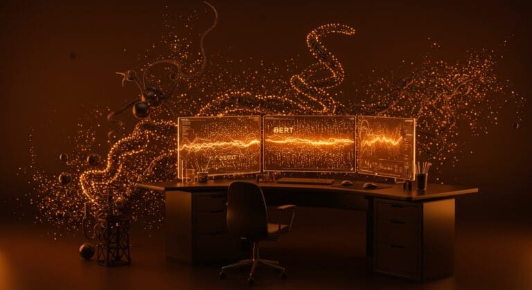 Generación de texto con modelos BERT y RoBERTa representados mediante visualización futurista de IA generativa en paleta naranja y negro para startups tecnológicas.