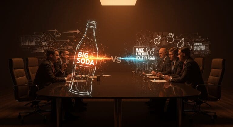 Confrontación visual entre la industria de bebidas azucaradas y el movimiento Make America Healthy Again, ilustrando la lucha política y la disrupción alimentaria.