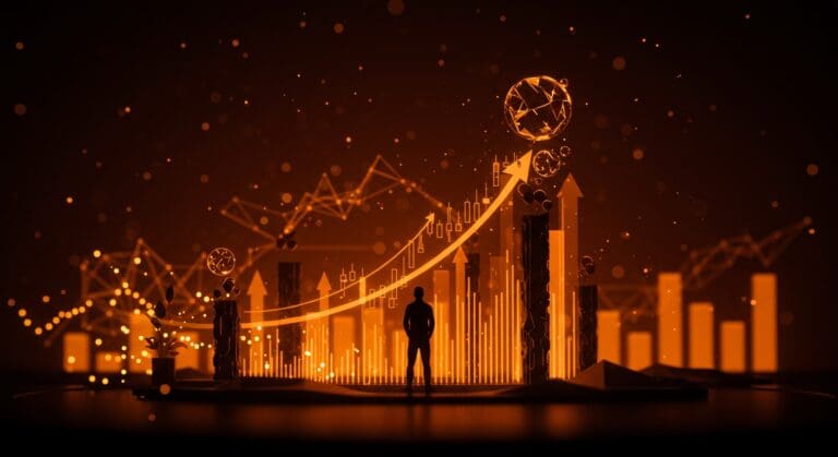 Silueta de fundador en un ecosistema startup de IA con gráficos de valoraciones récord y símbolos de burbuja tecnológica en tonos naranja y negro.