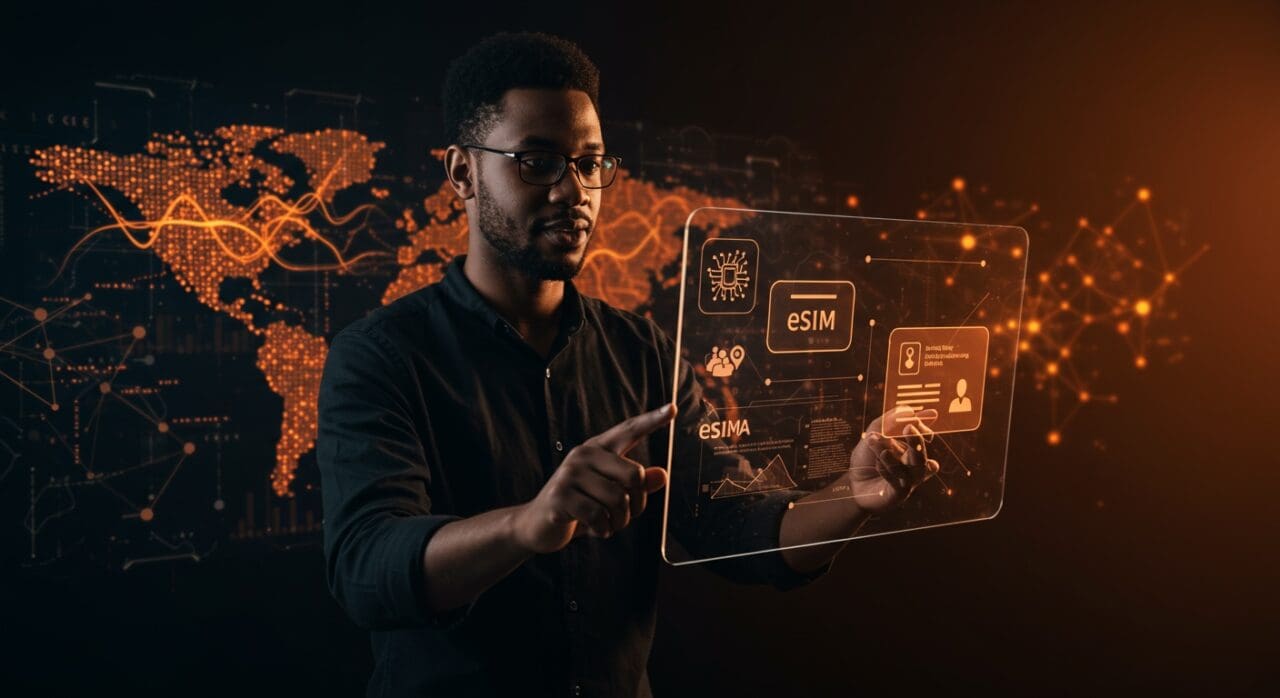 Founder de startup tech mostrando servicios innovadores de eSIM y tramitación de visados en traveltech con enfoque en inteligencia artificial y expansión internacional.