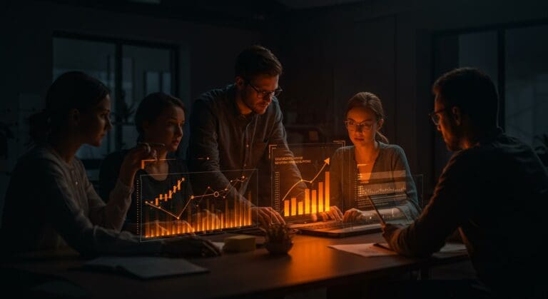 Fundador de startup delegando en un equipo dinámico alrededor de una interfaz digital, simbolizando liderazgo sostenible y escalabilidad en proyectos open source.