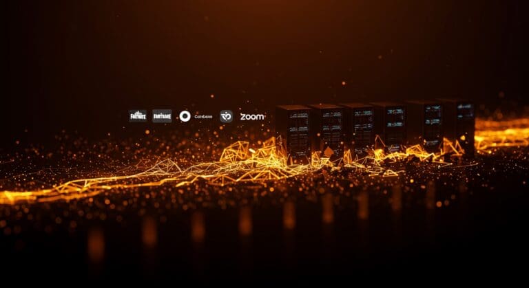 Caída masiva de DNS en Amazon afectando servicios globales de Internet, ilustración con redes digitales fragmentadas en tonos naranja y negro.