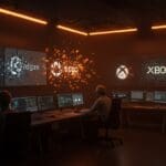 Interrupción de Microsoft Azure afectando servicios como Xbox, Minecraft y Microsoft 365 con visualización de falla digital en paleta naranja y negro.