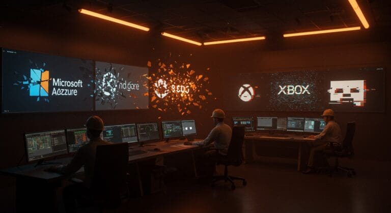 Interrupción de Microsoft Azure afectando servicios como Xbox, Minecraft y Microsoft 365 con visualización de falla digital en paleta naranja y negro.