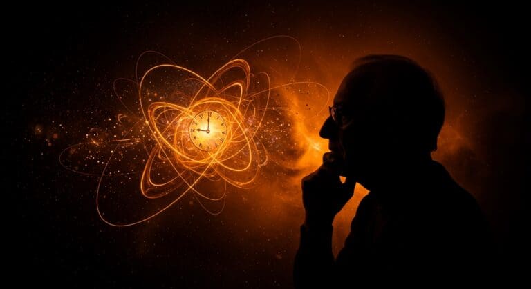 Silhouette de Carlo Rovelli con reloj abstracto y estructuras cuánticas en paleta naranja y negro, ilustrando la ilusión del tiempo en la gravedad cuántica.