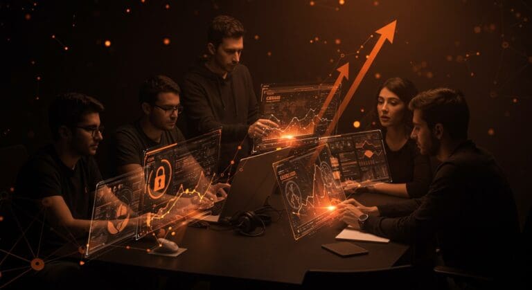 Startups de ciberseguridad de CEEI Castellón colaborando en tecnología innovadora en un entorno futurista.