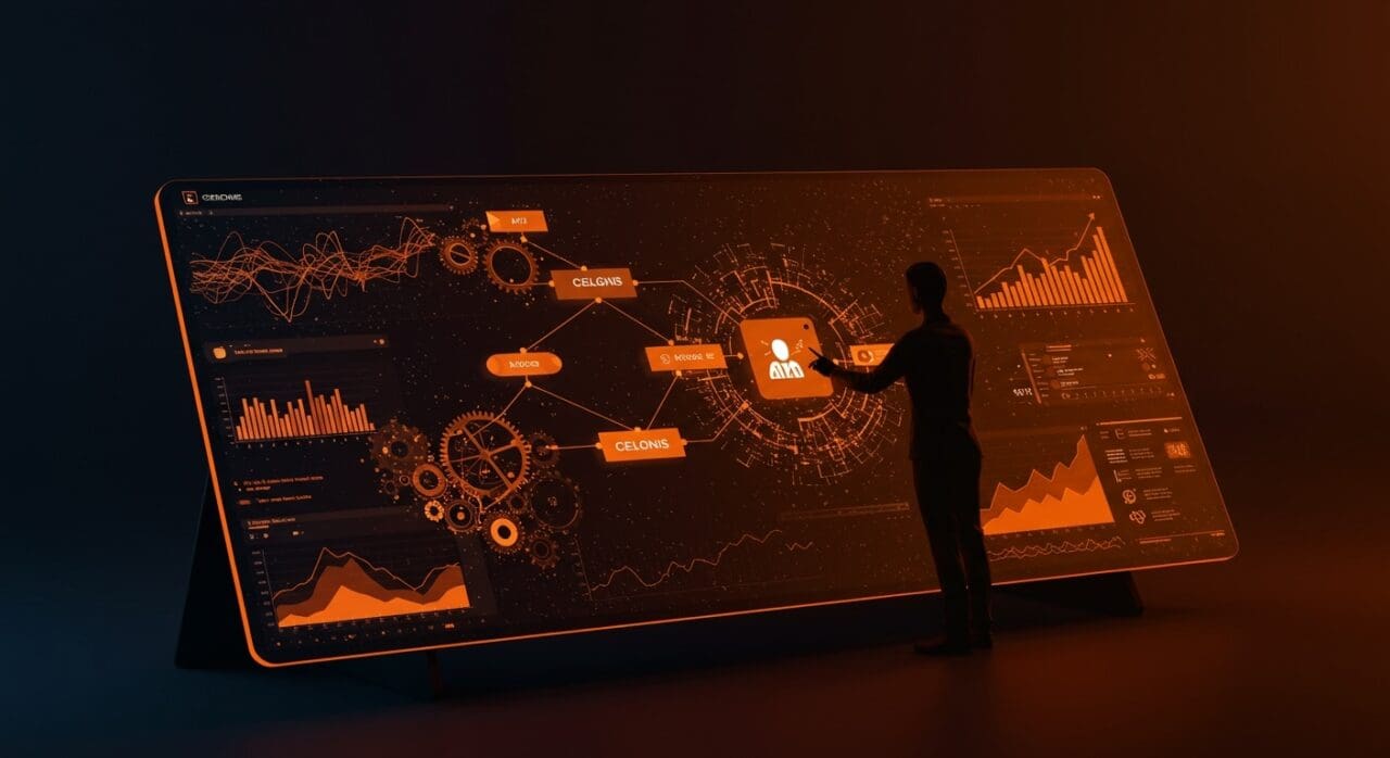Dashboard digital con inteligencia de procesos e inteligencia artificial aplicada en operaciones empresariales resaltadas en tonos naranja y negro.