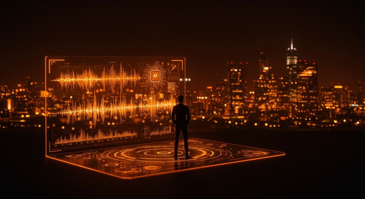 CEO de ElevenLabs ante interfaz digital mostrando la commoditización de modelos de audio AI y oportunidades para founders tech.