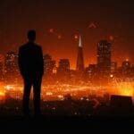 CEO de Salesforce observando el skyline de San Francisco con símbolos tecnológicos y de seguridad, reflejando la petición de Guardia Nacional en el ecosistema tecnológico.