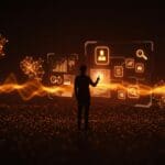 Fundador interactuando con chatbot de inteligencia artificial y automatización no-code, destacando las últimas actualizaciones de ChatGPT y herramientas IA.