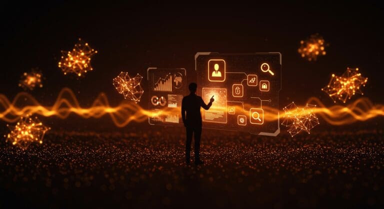 Fundador interactuando con chatbot de inteligencia artificial y automatización no-code, destacando las últimas actualizaciones de ChatGPT y herramientas IA.