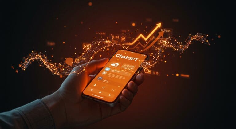 Crecimiento récord de usuarios y mensajes diarios en ChatGPT móvil reflejado con metáforas visuales de IA y tendencias de mercado para startups.