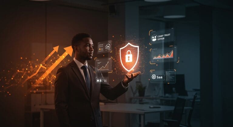 Chief Trust Officer en entorno tecnológico representando el crecimiento SaaS y la confianza digital en la seguridad de datos.