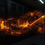 Integración de datos de máquina en estrategias de inteligencia artificial empresarial según Cisco, ilustrado con visuales futuristas y paleta naranja y negra.