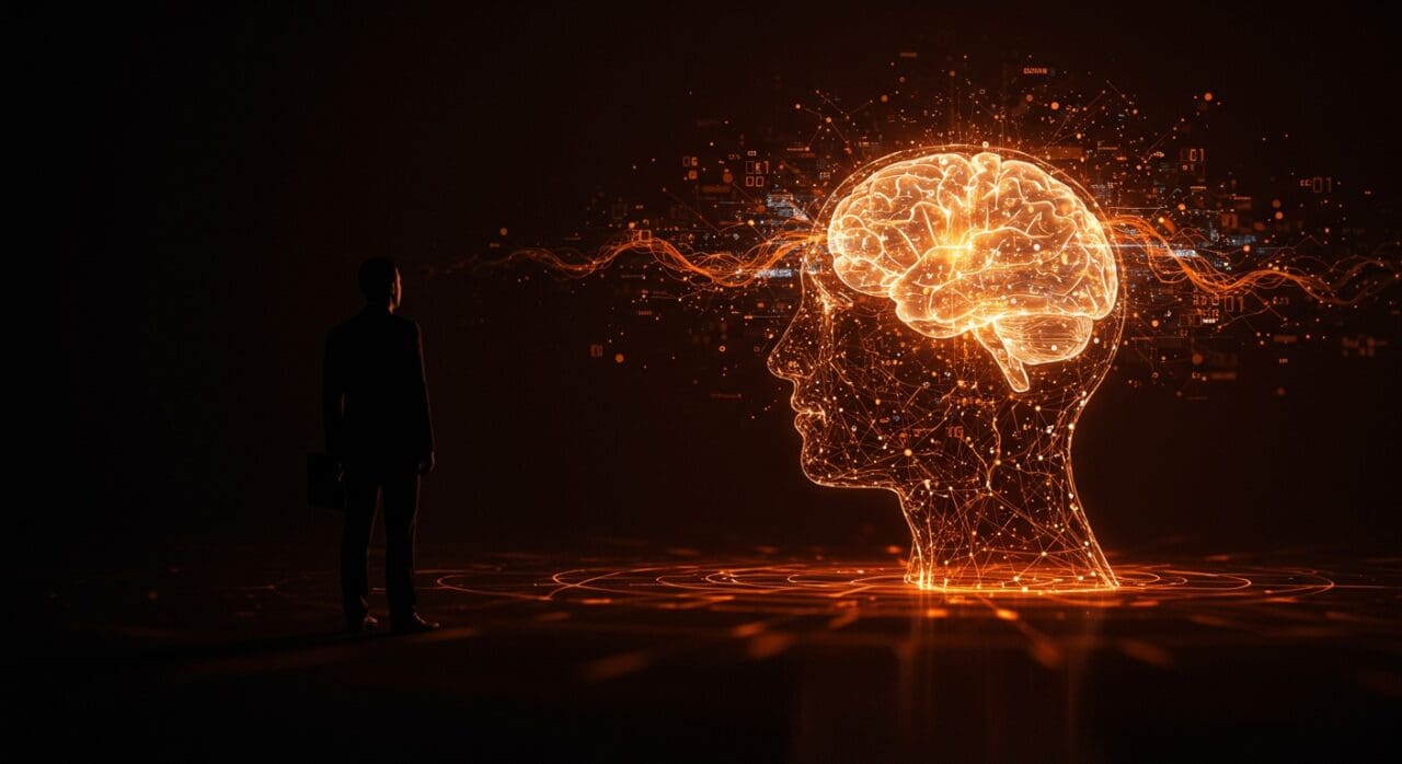 Integración de datos de máquina esenciales para la estrategia de IA empresarial, ilustrada con redes neuronales y flujos de datos digitales en tonos ecosistema startup.