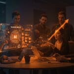 Interacción de emprendedores de startup con interfaz digital de automatización AI Claude Skills, destacando IA aplicada y productividad.