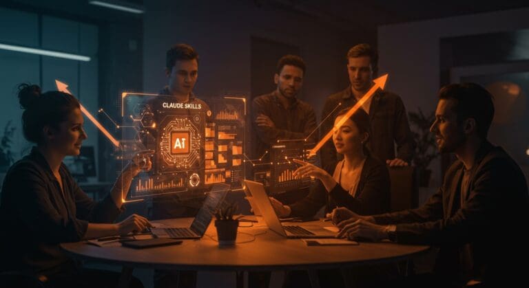 Interacción de emprendedores de startup con interfaz digital de automatización AI Claude Skills, destacando IA aplicada y productividad.