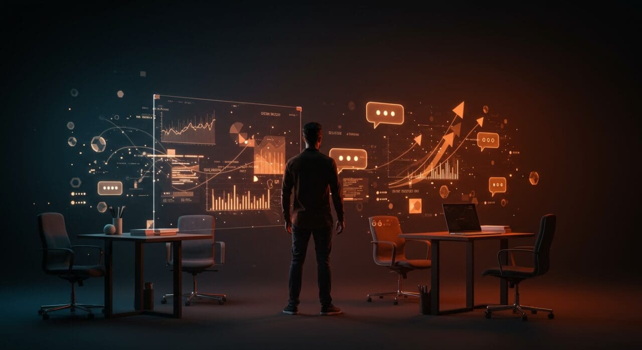 Líder de startup comunicando con impacto en un entorno digital moderno, simbolizando habilidades de liderazgo efectivo en la era digital.