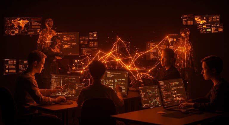 Equipo colaborando con inteligencia artificial para desarrollo de software empresarial sin vibe coding, con interfaces digitales y redes neuronales abstractas en tonos naranja y negro.