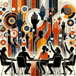 Imagen editorial que representa colaboración y comunidad en convocatorias de startups con paleta naranja y negro de Ecosistema Startup