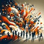 Personas colaborando y conectándose en convocatoria startup tecnológica, ilustración en paleta naranja y negro Ecosistema Startup