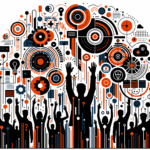 colaboración y convocatoria en startup tecnológica con siluetas de personas alzando manos en colores naranja y negro del Ecosistema Startup