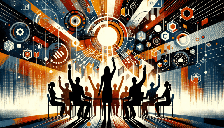 Imagen editorial que muestra colaboración y convocatoria en startups, con siluetas humanas y colores naranja y negro del ecosistema startup