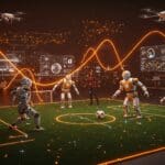 Robots interactivos y drones jugando fútbol en un evento tecnológico de Colombia 4.0 en Barranquilla, mostrando innovación en inteligencia artificial y startups.