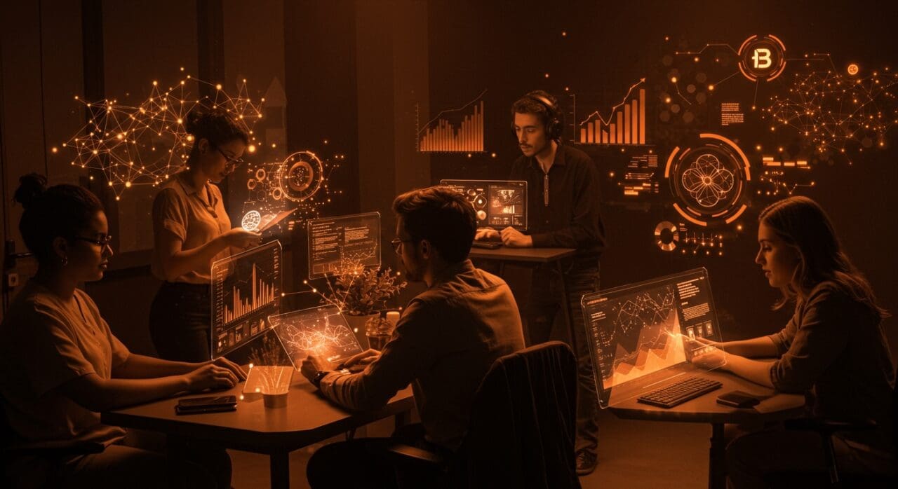 Equipo diverso colaborando en una startup con elementos visuales de IA aplicada y apoyo institucional, destacando la cultura de empresa y motivación.