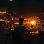 Investigador de IA entrenando un modelo de lenguaje grande desde cero con visualizaciones de optimización y pesos GPT-2 en un entorno futurista en tonos naranja y negro.