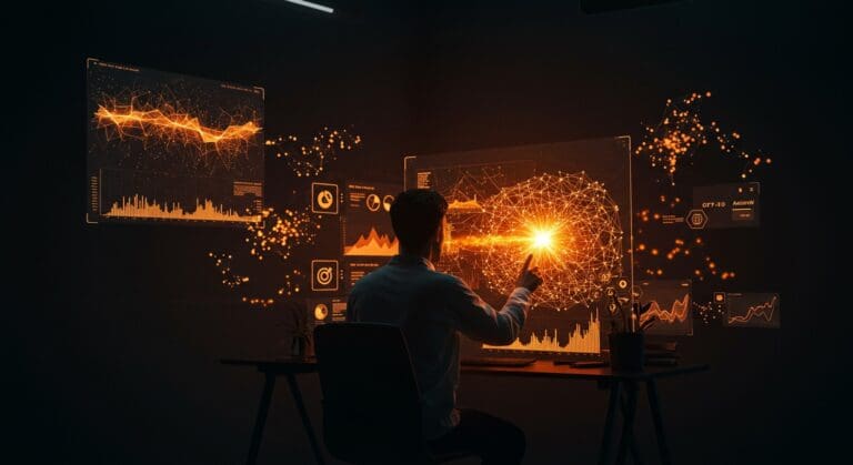 Investigador de IA entrenando un modelo de lenguaje grande desde cero con visualizaciones de optimización y pesos GPT-2 en un entorno futurista en tonos naranja y negro.