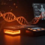 Dispositivo MinION para secuenciación de ADN en primer plano con luces naranjas y elementos visuales que representan innovación en biotecnología accesible.