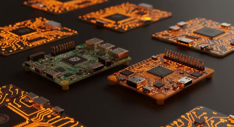 Comparativa de single board computers 2025 mostrando Raspberry Pi 5 y Orange Pi 5 Pro en ambiente tecnológico de alta calidad.