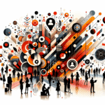 Ilustración abstracta de comunidad startup colaborando en convocatoria para nuevas oportunidades, con paleta naranja, negro y blanco Ecosistema Startup