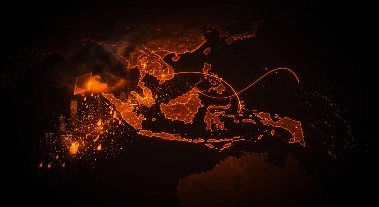 Mapa estilizado del Sudeste Asiático con contaminación alterando patrones de lluvia y afectando gestión del agua y clima.