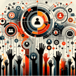 Convocatoria y colaboración en comunidad startup con manos alzadas y elementos de networking en paleta naranja y negro Ecosistema Startup