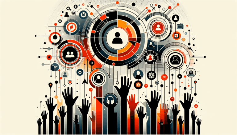 Convocatoria y colaboración en comunidad startup con manos alzadas y elementos de networking en paleta naranja y negro Ecosistema Startup