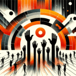 Convocatoria y colaboración en comunidad startup con siluetas de personas y manos alzadas en paleta Ecosistema Startup