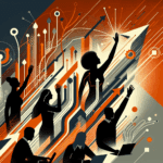 Convocatoria y colaboración en comunidad startup con siluetas de personas y manos alzadas en colores naranja y negro del Ecosistema Startup