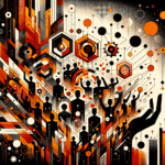 Ilustración de convocatoria y colaboración en comunidad startup con personas y manos alzadas en paleta naranja y negro Ecosistema Startup