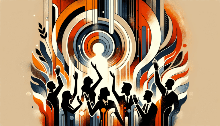 Convocatoria y colaboración en comunidad startup con siluetas y manos alzadas en paleta naranja y negro Ecosistema Startup