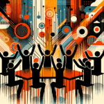 Imagen editorial que representa convocatoria y colaboración en startups con paleta de colores naranja, negro y blanco del Ecosistema Startup