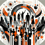 Imagen editorial de convocatoria y colaboración en startups con siluetas de personas y manos alzadas en colores naranja y negro de Ecosistema Startup